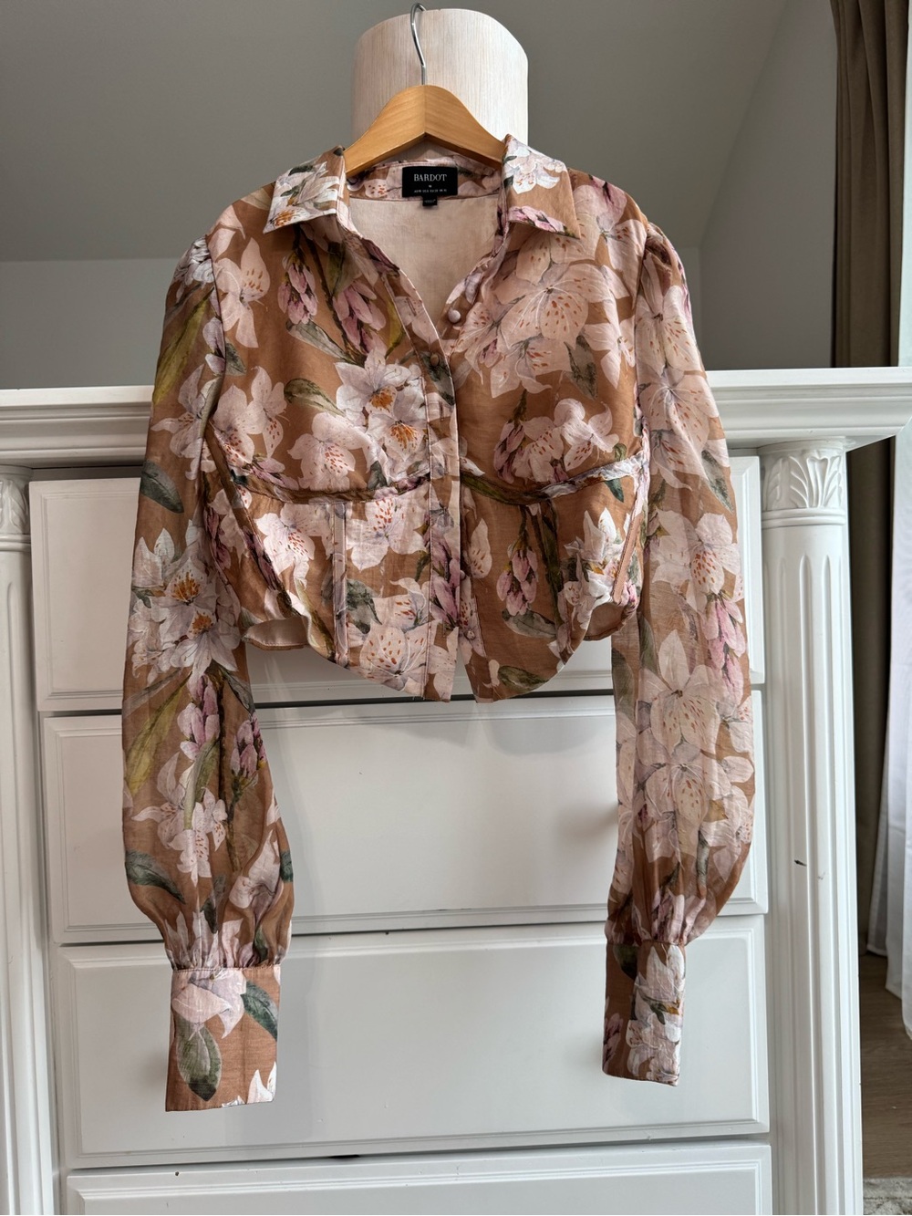 Bardot Sheer Floral Puff-Sleeve Blouse in Pink and Brown - Picture 9 of 15